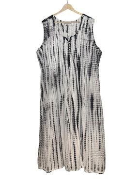 Woman Within Tie Dye Pleated Lightweight Henley A Line Maxi Dress 22W Black Boho